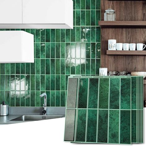 Lot de 10 feuilles de carreaux de métro adhésifs pour crédence, carreaux muraux autocollants pour cuisine, salle de bain, salon, rectangulaires vert foncé 30 x 30 cm (1/5)