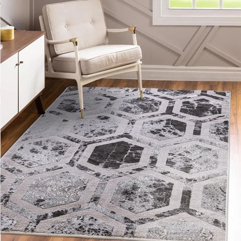 Rug for Living Room Bedroom Marbled Geometric Abstract Design Luxury Silky Silver Beige Rug Medium 110x160 cm (3'7"x5'3") (1/4)