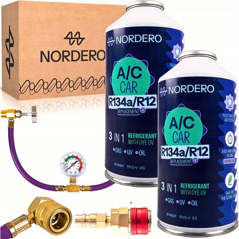 Kit de llenado de aire acondicionado Nordero 2x Gas R134a + Adaptador HP/LP (1/5)