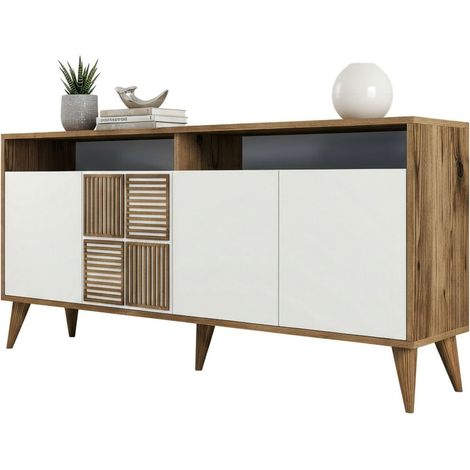 Dmora - Consolle Garigliano, Credenza da soggiorno, Armadio basso per TV, Base parete attrezzata, 160x35 h79 cm, Noce e Bianco