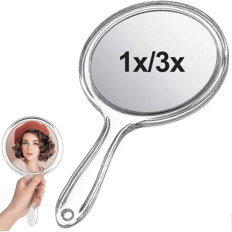 Miroir de poche double face 25-26 cm, grossissement 1x/3x, rond, transparent, avec poignée, portable, idéal pour les voyages et le maquillage quotidien. (1/4)