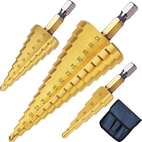 ZOLGINAH 3PCS Broca escalonada de metal, 4-12/20/32 mm HSS Titanio Triángulo cónico Avellanador escalonado de metal, Vástago hexagonal Broca escalonada para destornillador en metal Acero, madera, lató (1/5)