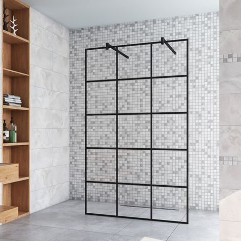 77.7x200cm+ mit 2 90cm Schwarz Stabilisator 8mm Nano Sicherheitsglas Walk in Gittermuster Streifen Duschwand Duschabtrennung (1/5)