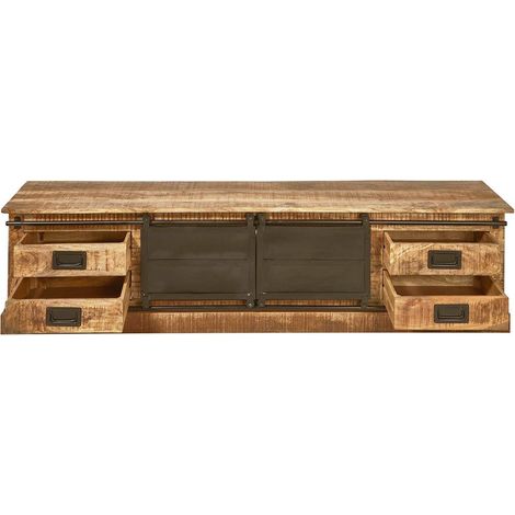 Altobuy – Meuble TV en manguier massif 180x45xH50 cm – 2 portes coulissantes – 4 tiroirs – Métal laqué noir – Finition brute industrielle (1/4)