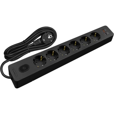 Multiprise 6 prises type F avec interrupteur, charge rapide USB A+C 20W, câble 5 mètres, couleur noire (1/5)