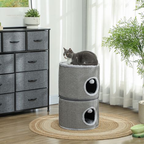 Arbre à chat modulable, griffoir en forme de tonneau avec fermeture éclair amovible, 3 niveaux, deux balles, Ø 42 x 69 cm (H), gris (1/5)