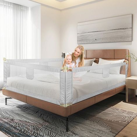 Barriere de Lit Enfant avec Barriere Rabattable Antichute, Barrière Securite de lit Enfant, 150cm, Protection de Lit pour Tout-Petits, Gris Un côté