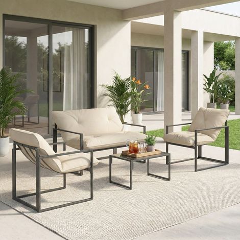 Set da Giardino 4 Pezzi con Divanetto, 2 Poltrone e Tavolino, in Acciaio, Poliestere e Cotone PP, Beige e Grigio (1/5)