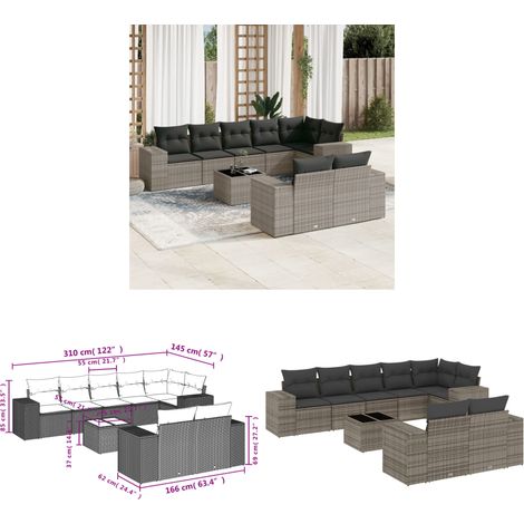 9-tlg. Garten-Sofagarnitur mit Kissen Grau Poly Rattan - Gartenmöbel Set - PE-Rattan Möbel - Outdoor Lounge - Esstisch Set - Balkonmöbel - Home & Living (1/3)