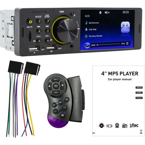 Single-DIN-Autoradio mit 4,1-Zoll-Einbauschacht, Bluetooth-MP5-Player, FM-Radio, TF-/USB-Kartenwiedergabe, USB-Ladefunktion, Freisprecheinrichtung, Rückfahrkamera und Lenkradfernbedienung.