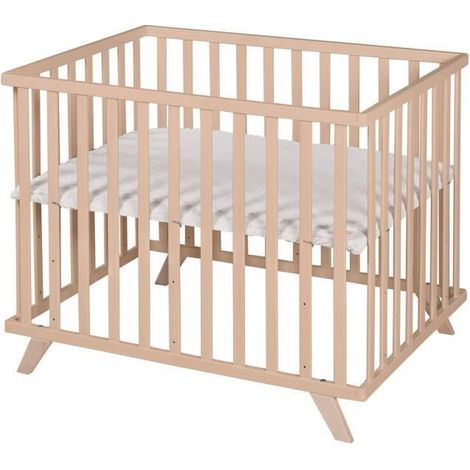 ROBA Babypark 75x100 cm aus Bio-Buche + graue Schutzmatte Lil Planet - Höhenverstellbar - Naturholz