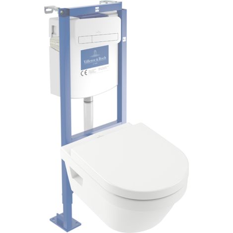 Pack inodoro suspendido sin reborde VILLEROY ET BOCH Architectura con descarga directa + asiento con cierre suave + estructura autoportante + placa blanca (1/5)
