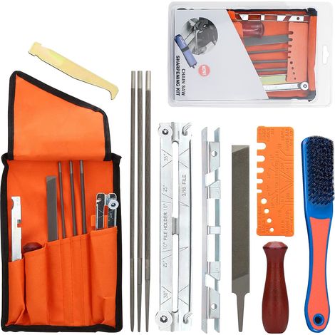 Affuteuse de Tronçonneuse Professionnel Kit d'Affûtage Universel pour Tronçonneuses 11 Pièces Kit Affutage Chaine Tronçonneuse avec Limes Rondes,Lime Plate, Manche, Guide de Lime et Pochette