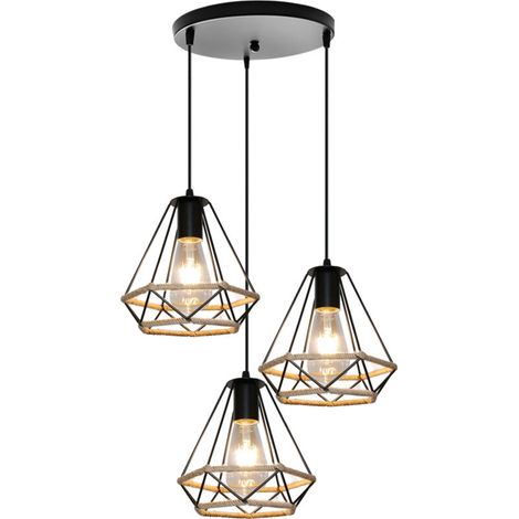 Lustre Rétro En Diamant Noir, Lampe À Suspension En Corde De Chanvre 20CM Plafonnier D'Intérieur À 3 Lumières Pour Chambre À Coucher Loft (1/5)