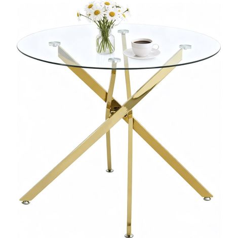 Modern Round Dining Table with Tempered Glass Top and Gold Legs, Minimalist Kitchen Table, 80 × 80 × 76 cm (1/5)