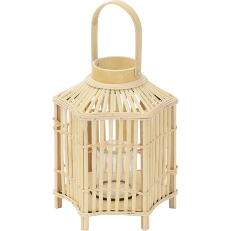 ECD Germany Lanterna in Bambù Naturale, Portacandela con Inserto in Vetro, Altezza 45 cm, Colore Legno, Lanterna da Giardino con Manico, Stile Boho, Decorazione per Terrazza, Balcone e Interni