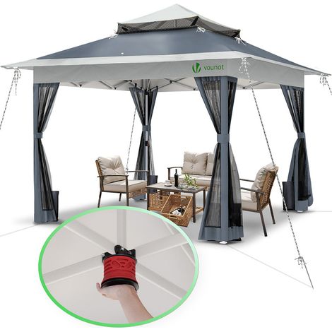 VOUNOT 3.6x3.6m Pop Up Gazebo w/Central Lock System Mesh Sides Double Roof Grey (1/5)