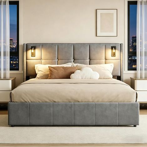 VASIEN – Lit 160x200 avec Sommier LED,Lit Coffre 160x200 avec 2 Lampes de Lecture et Tete de Lit avec décor de rivets,lit adulte avec à Lattes,Lit 2 Personnes Lit Rembourré Lit Double 160x200 Velours