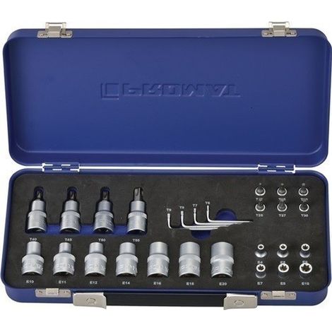 Juego de llaves de vaso 27 piezas 1/4 + 1/2 pulgada T10-T55 / E4-E20 PROMAT