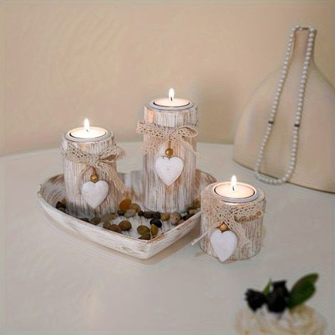 Ensemble de 4 bougeoirs en bois (motif cœur ajouré) Décoration rustique style ferme — Adapté pour l'intérieur et l'extérieur (1/5)