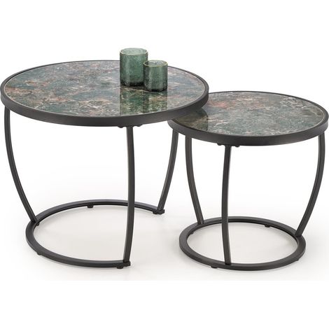Conjunto mesa de centro Houston 1658, Negro + Mármol verde, 50x0x0cm, Diámetro: 62, Piedra sinterizada, Redonda