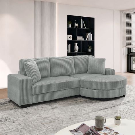 Canapé d'Angle en L 4 Places - 256.5x133.5x89cm - Canapé Modulaire en Velours Côtelé avec Pouf Ovale et 2 Coussins - Gris (1/5)