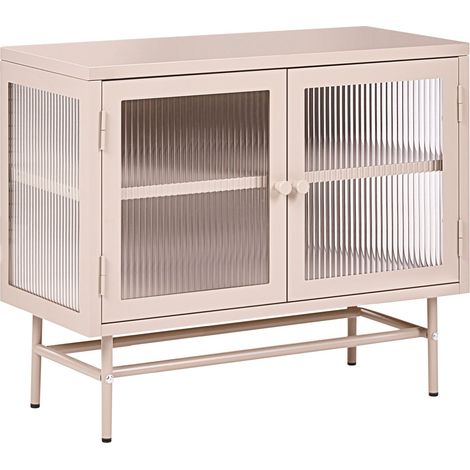 2 Door Sideboard Beige Steel Fluted Tempered Glass Adjustable Shelves Leg Caps Living Room Furniture Modern Industrial Design DEVON (1/5)