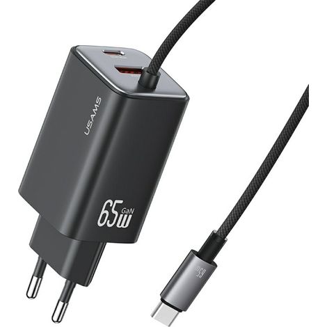 Cargador de pared USAMS GaN de 65 W con carga rápida, 2 puertos USB-C/USB-A, color negro. (1/5)