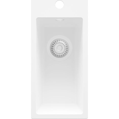 PRIMAGRAN Evier Cuisine en Granit 23x50cm,Lavabo 1 Bac + Kit de Vidage, Évier à Encastrer au Meuble 25cm - Riga, Tout Blanc (1/5)