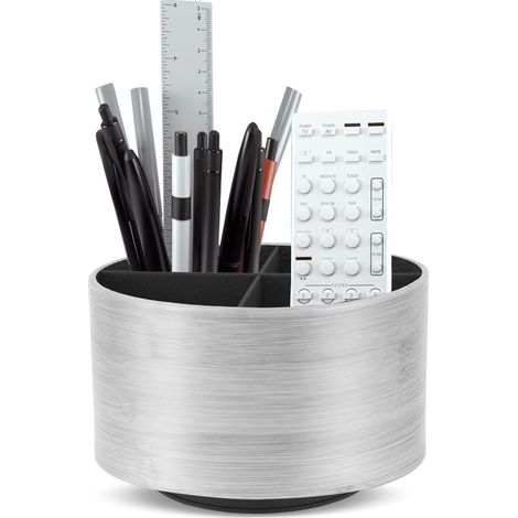 Porte-stylo rond en cuir, rotatif à 360°, pour table de chevet, télécommande TV, organiseur de bureau pour stylos, fournitures de bureau, boîte de rangement (1 gris clair) (1/5)