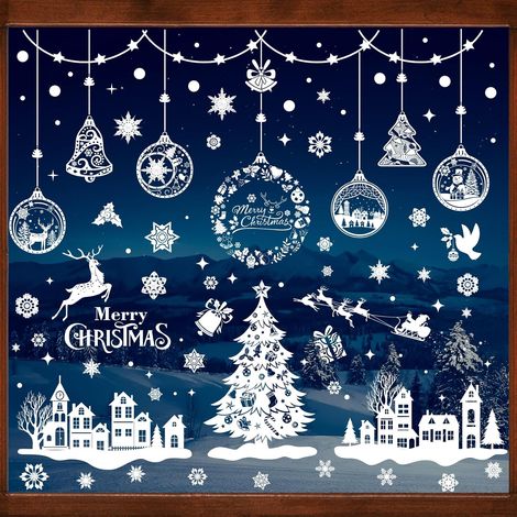 243 Pièces Stickers Noel Fenetre Decoration Noel Fenetre Electrostatique Décoration DIY Deco Vitre Noel Interieur Maison Vitrine Verre Motif de Sapin et de Maison de Noël 9 Feuilles (1/5)