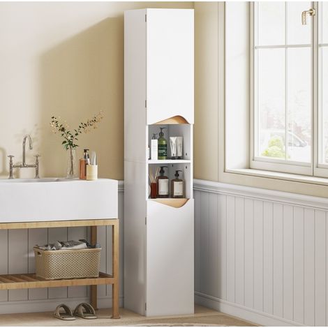Mueble de baño columna moderno bicolor blanco efecto madera, 2 puertas, 2 huecos abiertos, 30 x 34,6 x 180,5 cm (1/4)