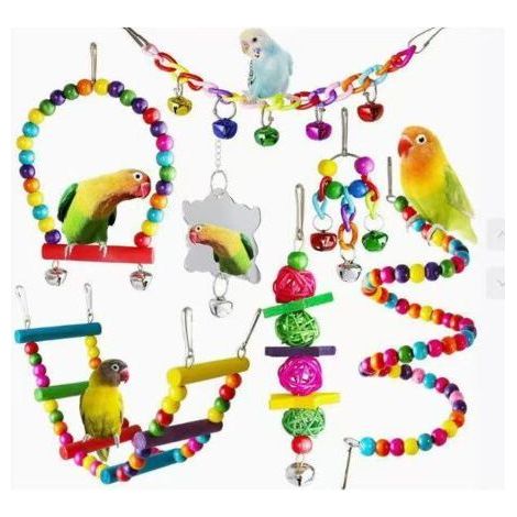 Jouets pour oiseaux, ensemble de 7 pièces pour perroquets, jouets à mâcher suspendus, balançoire, échelle, sepak takraw, clochettes, pour perroquets, inséparables, pinsons (1/4)