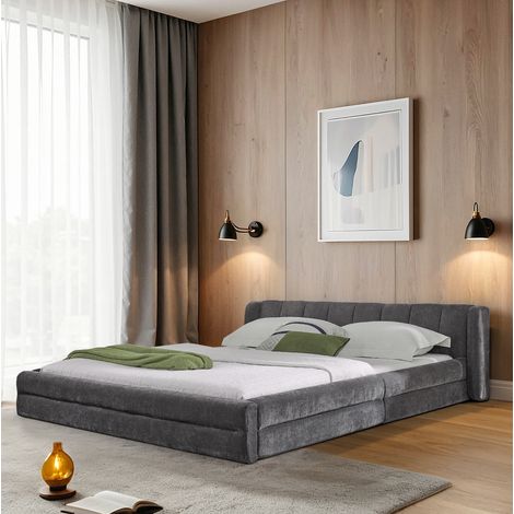 Letto matrimoniale minimalista 160x200 cm in ciniglia grigio scuro con testiera imbottita ergonomica e struttura rinforzata (1/5)