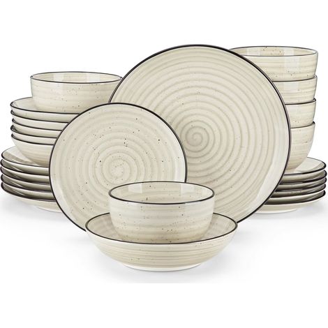 Ensemble de vaisselle en céramique, ensemble d'assiettes beiges, spirale peinte à la main, 6 queues, dessert, soupe, bol, 24 pièces (1/5)