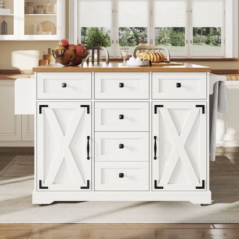 Îlot de cuisine sur roulettes, table extensible 147 x 70 cm, meuble de rangement avec plateau effet bois, buffet mobile, blanc (1/5)