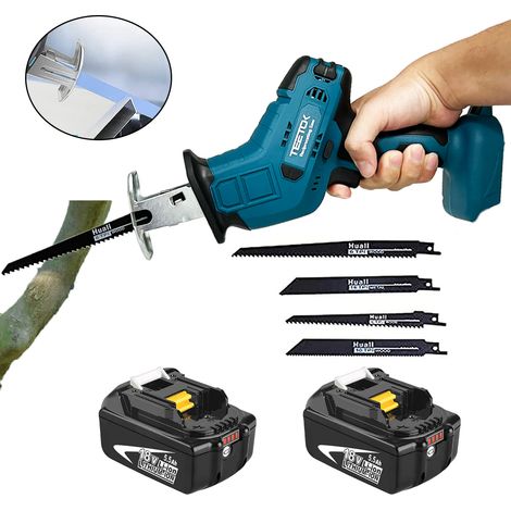 Scies alternatives, scie sabre d'élagage électrique sans fil, pour jardin, métal, bois, tuyaux en PVC, élagage d'arbres, 4 lames +2x batterie 5,5 Ah (sans chargeur), compatible avec batterie Makita
