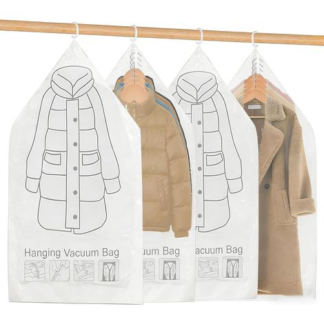 4 Pièces Vacuum Storage Bags, Hanging Vacuum Bags, Sac Sous Vide Vetement Aspirateur, Sac Rangement Sous Vide Aspirateur, avec Crochets, pour Costumes, Robes, Manteaux Ou Vestes(110 70 cm) (1/5)
