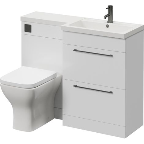 Napoli 390 Gloss White 1100mm 2 Drawer Vanity Unit Toilet Suite with Square Right Hand Lucia Basin - 1100mm - Gunmetal Grey 320mm HandleWith Kingston Toilet Pan and Seat