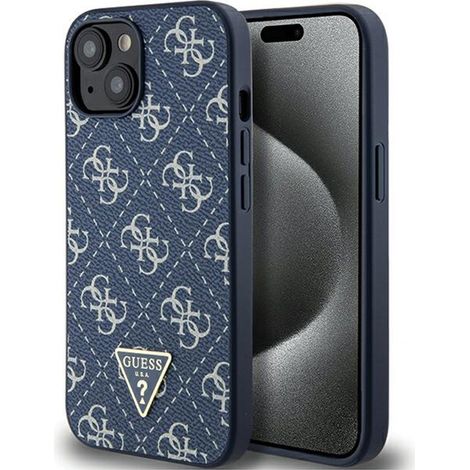 Funda rígida Guess GUHCP15MPG4GPB para iPhone 15 Plus / 14 Plus de 6,7 pulgadas, color azul, con logotipo triangular metálico y pantalla azul. (1/5)