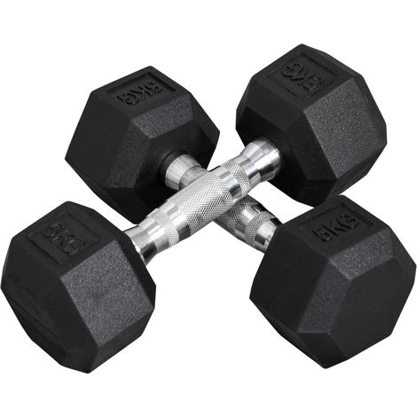 Haltères-Hexagon-2-pièces-2x5kg-Fonte-Revêtement-Caoutchouc-Noir-27,2x10,5x10,5cm (1/5)