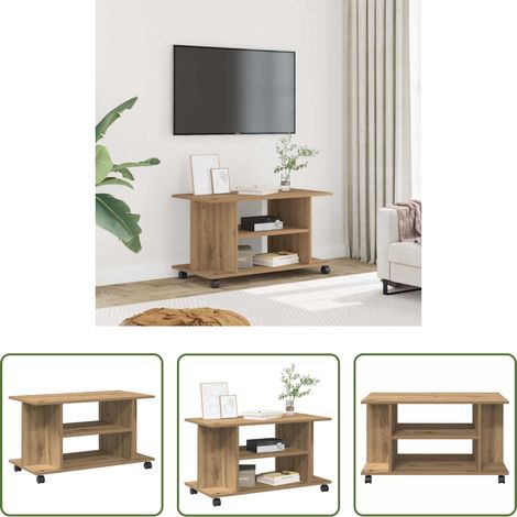 Meuble tv bois - Meuble TV roulettes chêne artisanal 80x40x45 cm bois ingénierie (1/5)