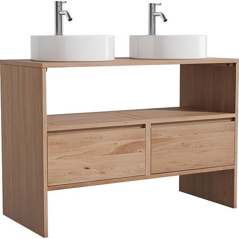 Meuble de salle de bain en chêne massif avec vasque à poser ronde et robinet - Naturel clair - 110 cm - CAVIZO (1/4)