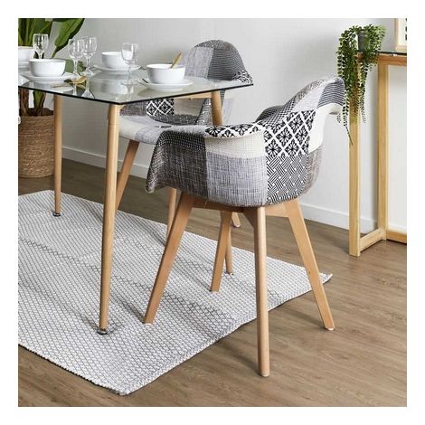 The Home Deco Factory – Lot de 2 fauteuils patchwork confortables – Revêtement doux – Pieds en bois brut – Blanc et gris – Pour salon moderne