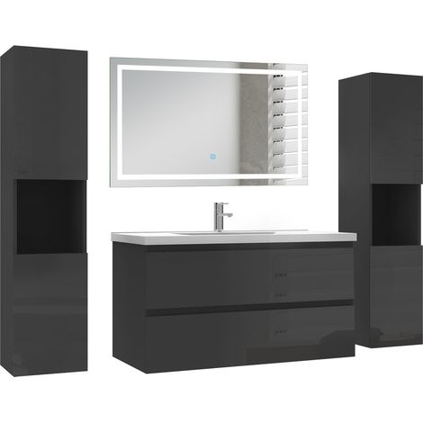 Ocean Ensemble de Meuble de salle de Bain 99cm Noir Haut Brillant avec Miroir LED, 2 colonnes 131.5 cm