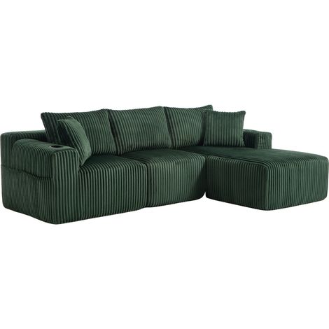 Canapé modulaire avec chaise longue et 2 places en tissu velours côtelé, 5 coussins, poches latérales et porte-gobelets (1/5)