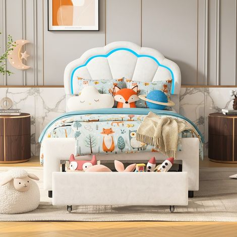 Letto Singolo 90x200 cm Design a Conchiglia con LED RGB e Cassetto - Struttura Letto Bambina in Velluto Bianco - Rete a Doghe Inclusa (1/5)