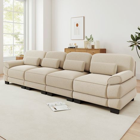 Canapé modulable - 4 places - coussins lombaires - velours côtelé - mobilier de salon - configuration flexible - pratique - beige (1/4)
