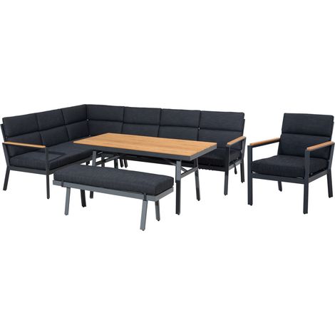 Gardissimo Dining-Ecklounge "Nabari XL" inkl. Ecksofa, Bank, Tisch und Kissen, anthrazit / braun, mit Sessel, links