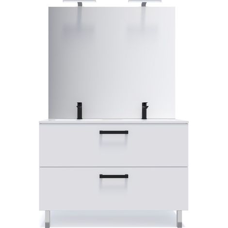 Meuble de salle de bain suspendu avec pieds double vasque intégrée 120cm 2 tiroirs Blanc + miroir - Chelsea (1/5)